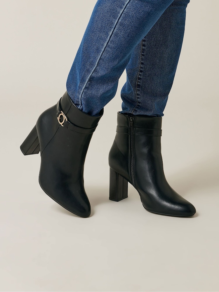 Yours Curve Black Extra Wide Fit Trim Detail Block Ankle Boots - Image 1 of 5