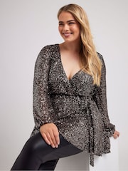 Yours Curve Gold London Sequin Long Sleeve Wrap Top - Image 6 of 7