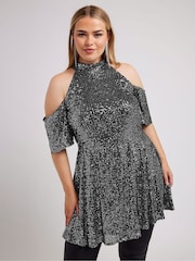 Yours Curve Silver London Sequin Choker Cold Shoulder Peplum Top - Image 1 of 5