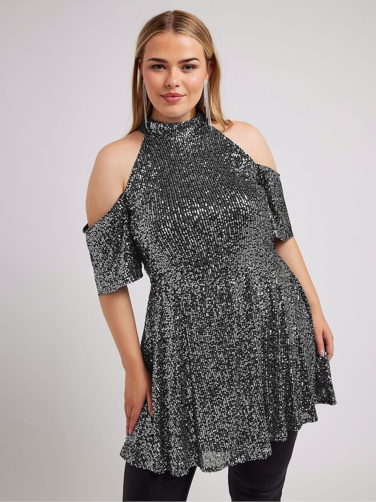 Yours Curve Silver London Sequin Choker Cold Shoulder Peplum Top - Image 1 of 5