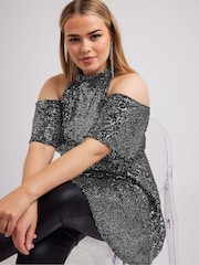 Yours Curve Silver London Sequin Choker Cold Shoulder Peplum Top - Image 2 of 5