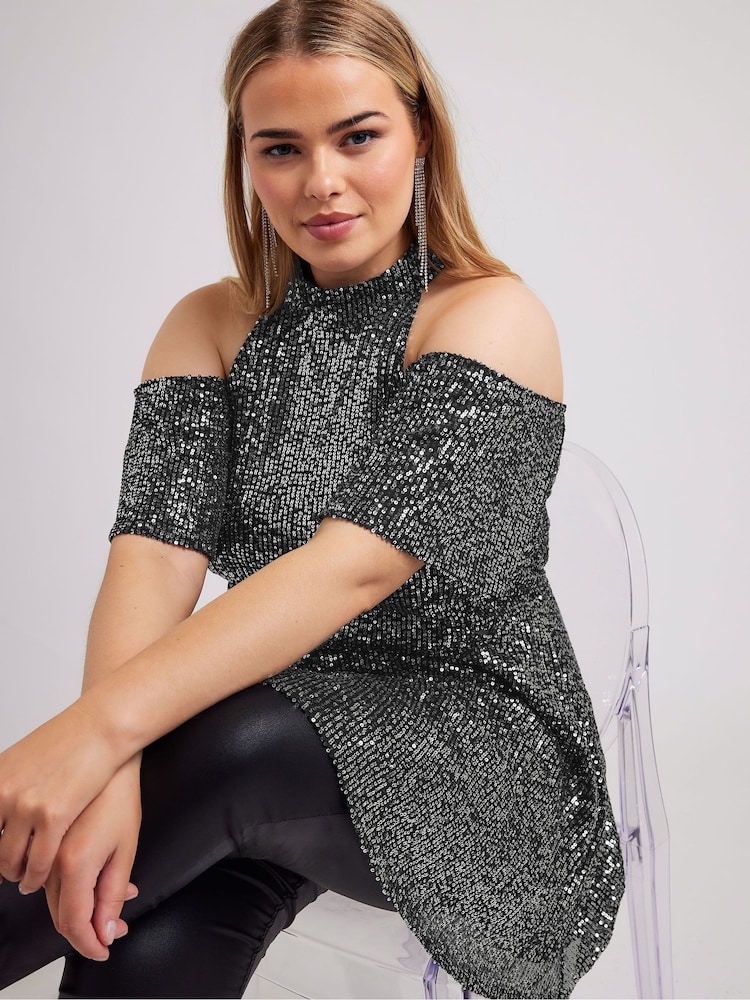 Yours Curve Silver London Sequin Choker Cold Shoulder Peplum Top - Image 2 of 5