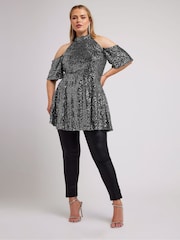 Yours Curve Silver London Sequin Choker Cold Shoulder Peplum Top - Image 3 of 5