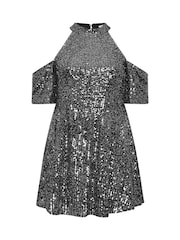 Yours Curve Silver London Sequin Choker Cold Shoulder Peplum Top - Image 5 of 5