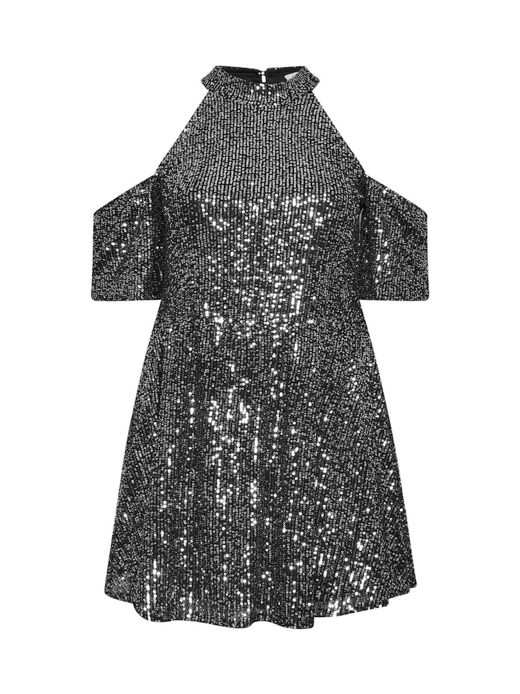 Yours Curve Silver London Sequin Choker Cold Shoulder Peplum Top - Image 5 of 5