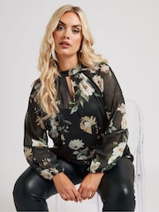 Yours Curve Black London Keyhole Crochet Trim Blouse - Image 1 of 6