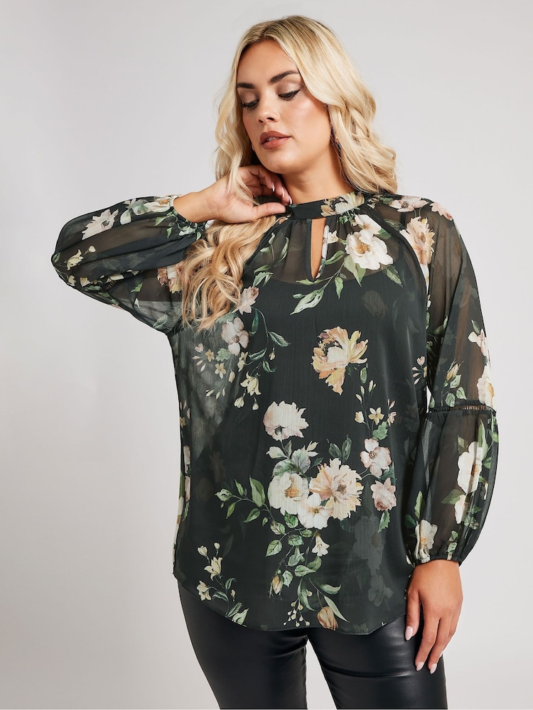 Yours Curve Black London Keyhole Crochet Trim Blouse - Image 2 of 6