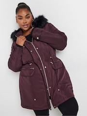 Yours Curve Purple Plush Faux Fur Trim Parka - Image 1 of 6