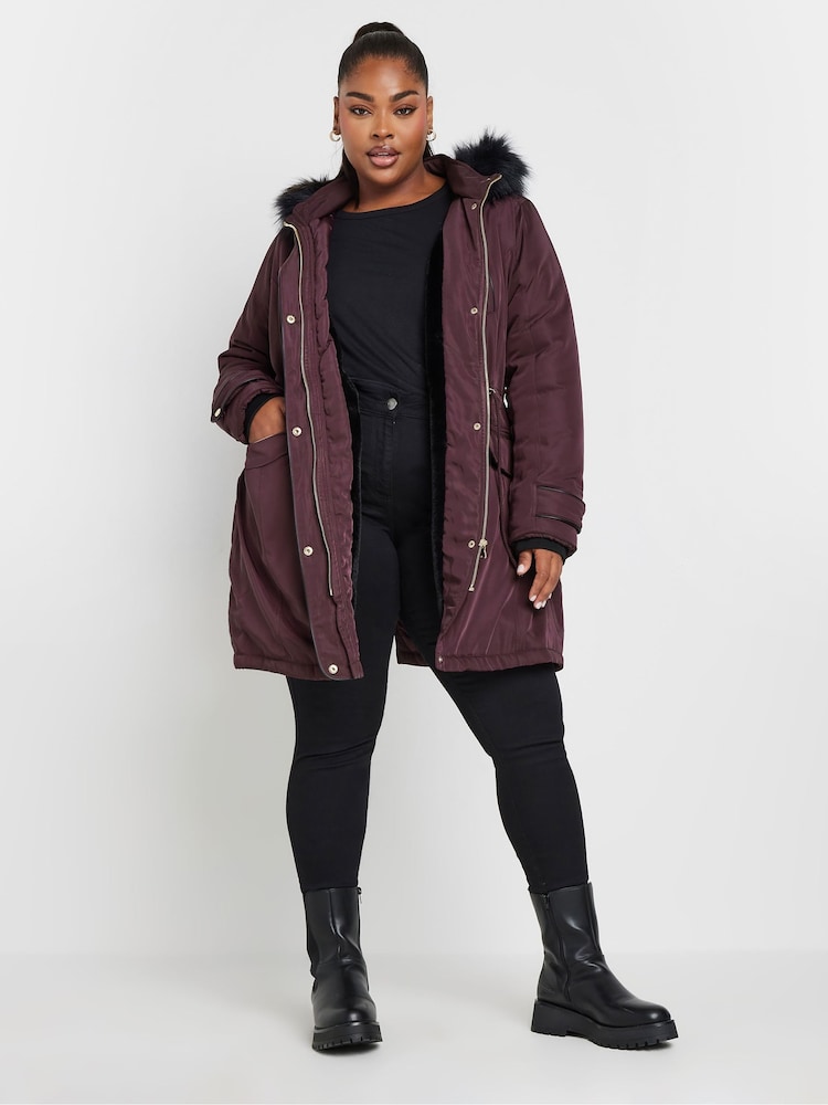 Yours Curve Purple Plush Faux Fur Trim Parka - Image 2 of 6
