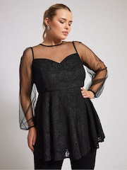 Yours Curve Black London Lace & Mesh Peplum Top - Image 1 of 5