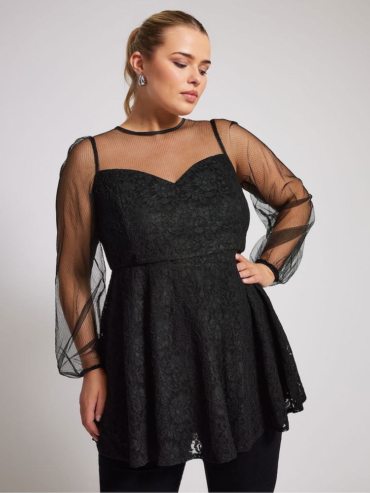 Yours Curve Black London Lace & Mesh Peplum Top - Image 1 of 5