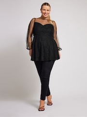 Yours Curve Black London Lace & Mesh Peplum Top - Image 2 of 5