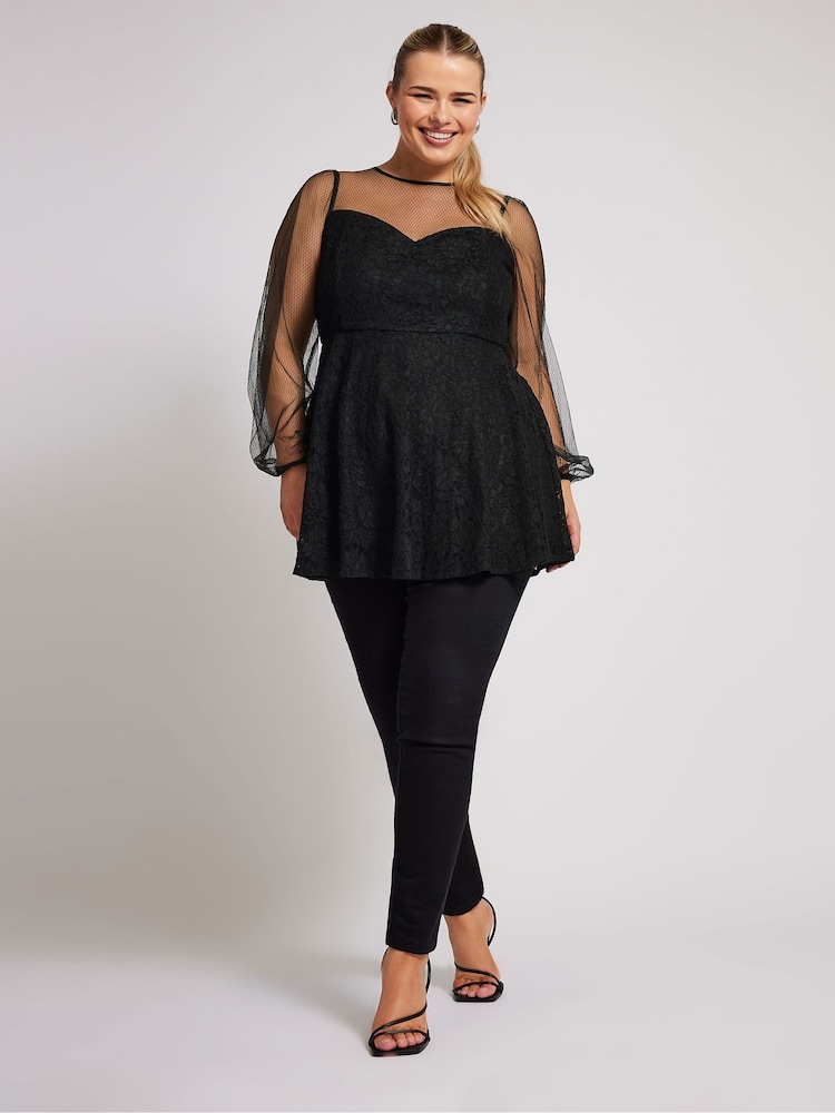 Yours Curve Black London Lace & Mesh Peplum Top - Image 2 of 5