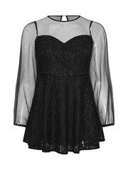 Yours Curve Black London Lace & Mesh Peplum Top - Image 5 of 5