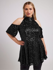 Yours Curve Black London Sequin Choker Cold Shoulder Peplum Top - Image 1 of 5