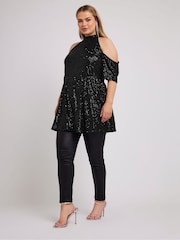 Yours Curve Black London Sequin Choker Cold Shoulder Peplum Top - Image 2 of 5