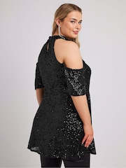 Yours Curve Black London Sequin Choker Cold Shoulder Peplum Top - Image 3 of 5