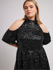 Yours Curve Black London Sequin Choker Cold Shoulder Peplum Top - Image 4 of 5
