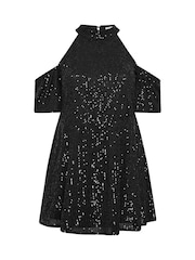 Yours Curve Black London Sequin Choker Cold Shoulder Peplum Top - Image 5 of 5