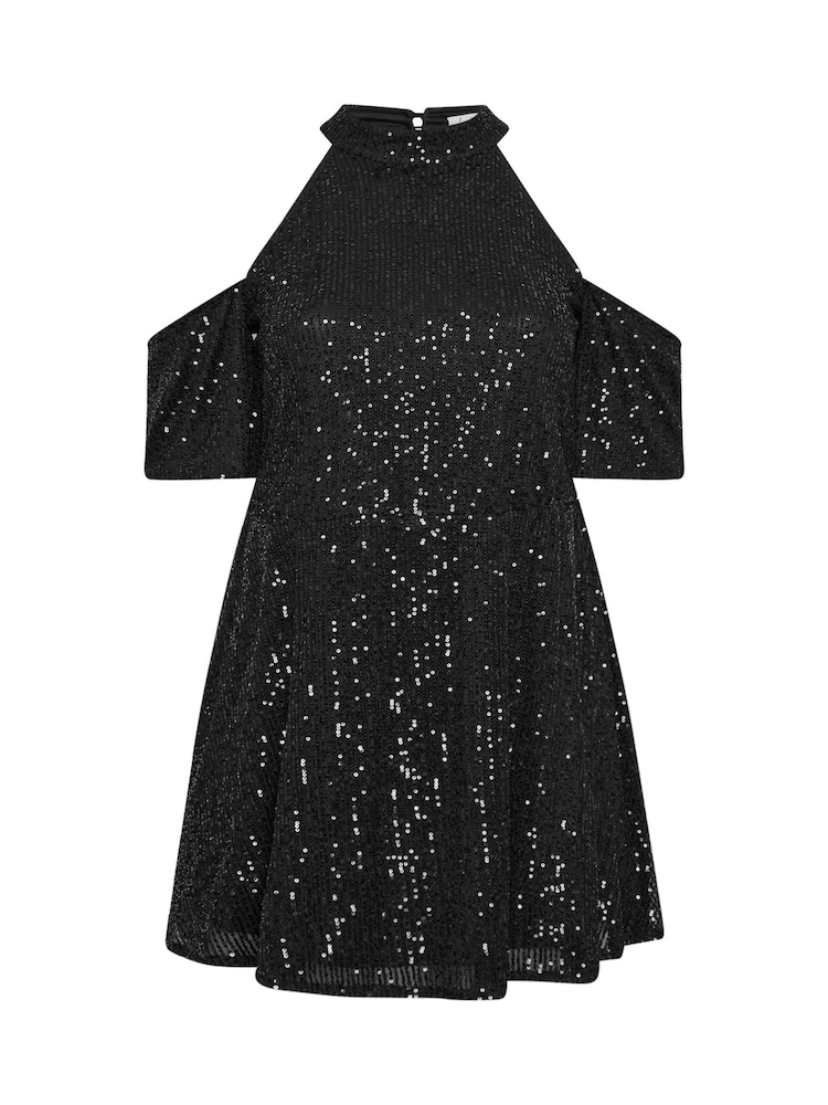 Yours Curve Black London Sequin Choker Cold Shoulder Peplum Top - Image 5 of 5