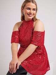 Yours Curve Red London Sequin Choker Cold Shoulder Peplum Top - Image 3 of 6