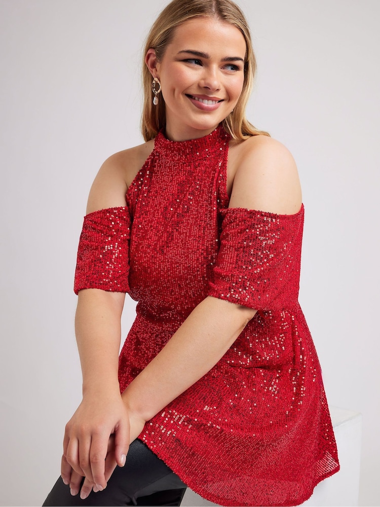 Yours Curve Red London Sequin Choker Cold Shoulder Peplum Top - Image 3 of 6