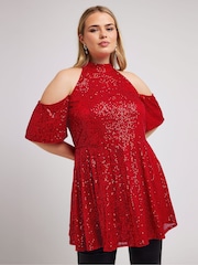 Yours Curve Red London Sequin Choker Cold Shoulder Peplum Top - Image 4 of 6