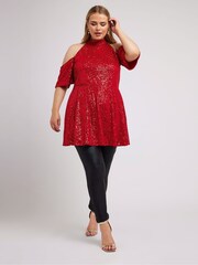 Yours Curve Red London Sequin Choker Cold Shoulder Peplum Top - Image 5 of 6