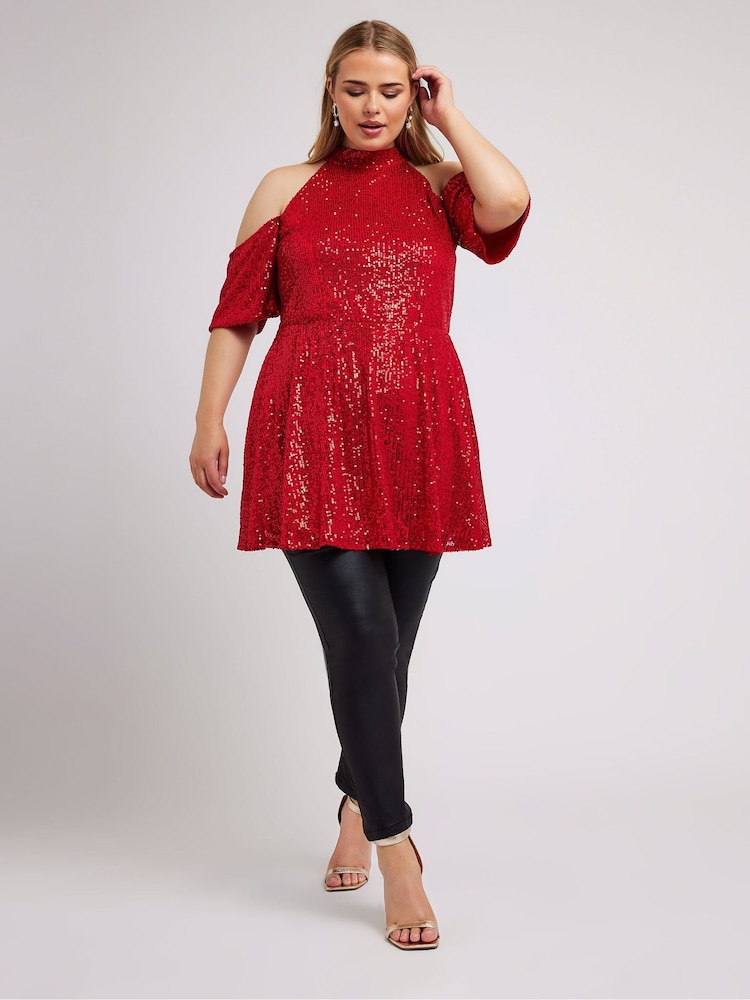 Yours Curve Red London Sequin Choker Cold Shoulder Peplum Top - Image 5 of 6