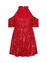 Yours Curve Red London Sequin Choker Cold Shoulder Peplum Top - Image 6 of 6