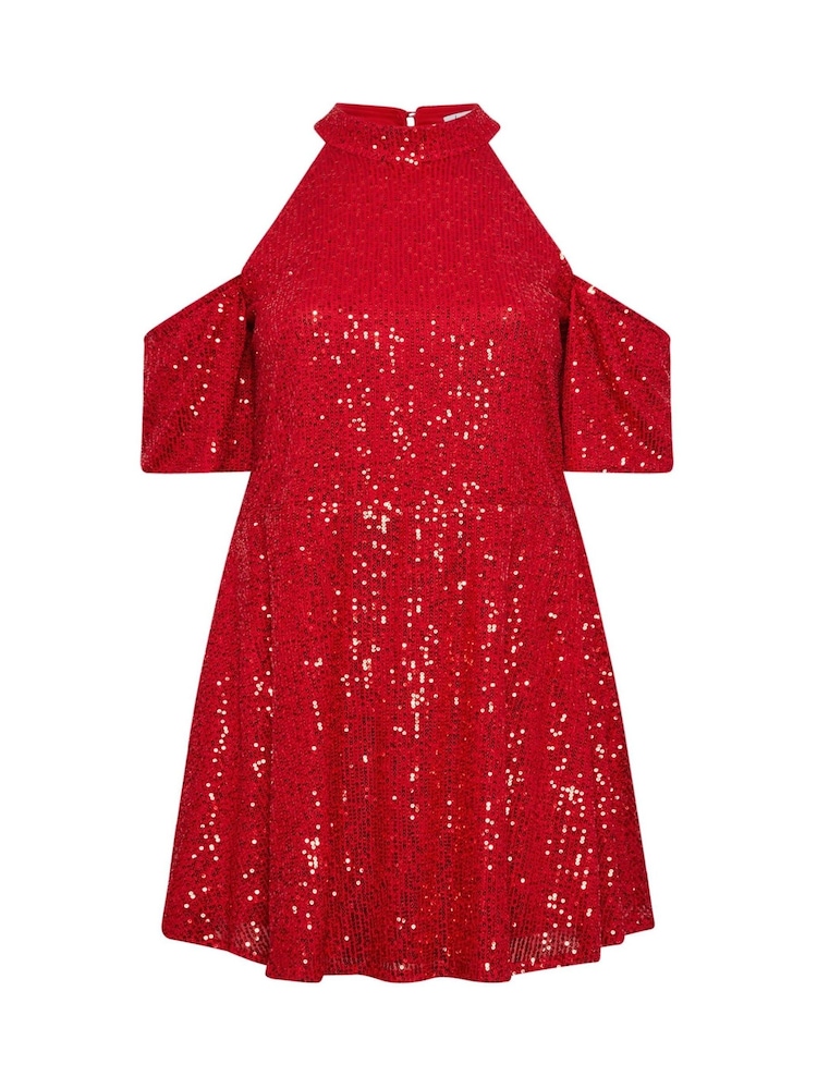 Yours Curve Red London Sequin Choker Cold Shoulder Peplum Top - Image 6 of 6