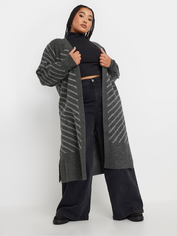 Yours Curve Grey Striped Longline Cardigan - Image 1 of 5
