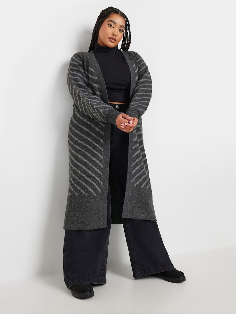 Yours Curve Grey Striped Longline Cardigan - Image 2 of 5