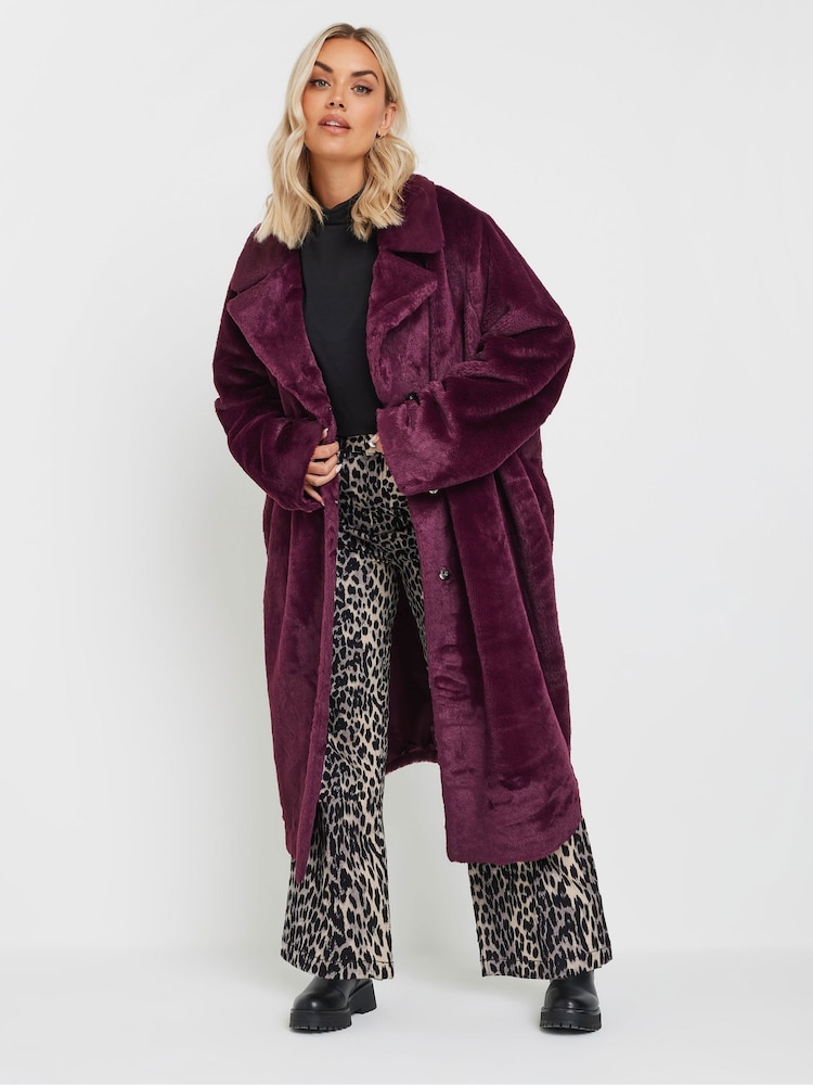 Yours Curve Red Plush Faux Fur Maxi Coat - Image 1 of 9