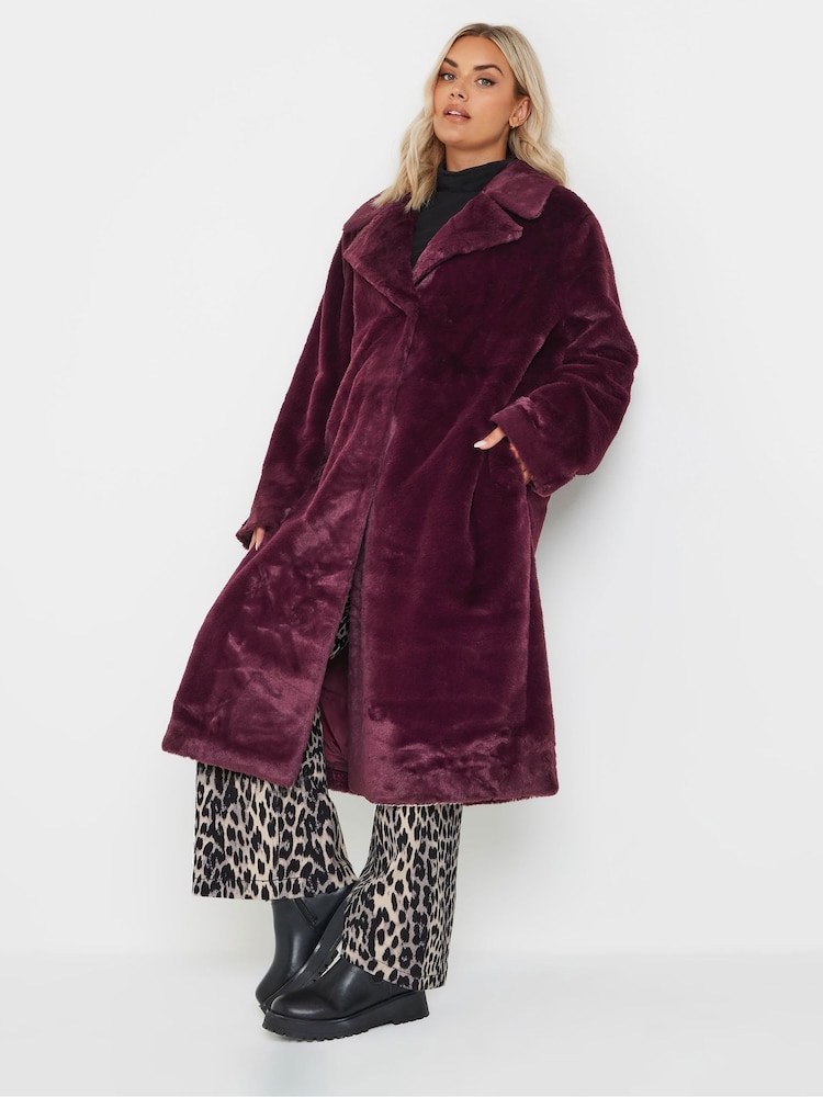 Yours Curve Red Plush Faux Fur Maxi Coat - Image 2 of 9