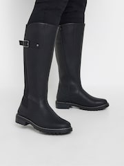 Yours Curve Black Extra-Wide Fit PU Cleated Stretch Knee High Boots - Image 1 of 4