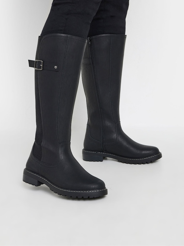 Yours Curve Black Extra-Wide Fit PU Cleated Stretch Knee High Boots - Image 1 of 4