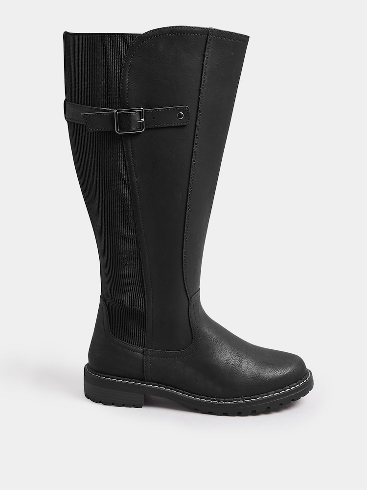 Yours Curve Black Extra-Wide Fit PU Cleated Stretch Knee High Boots - Image 2 of 4