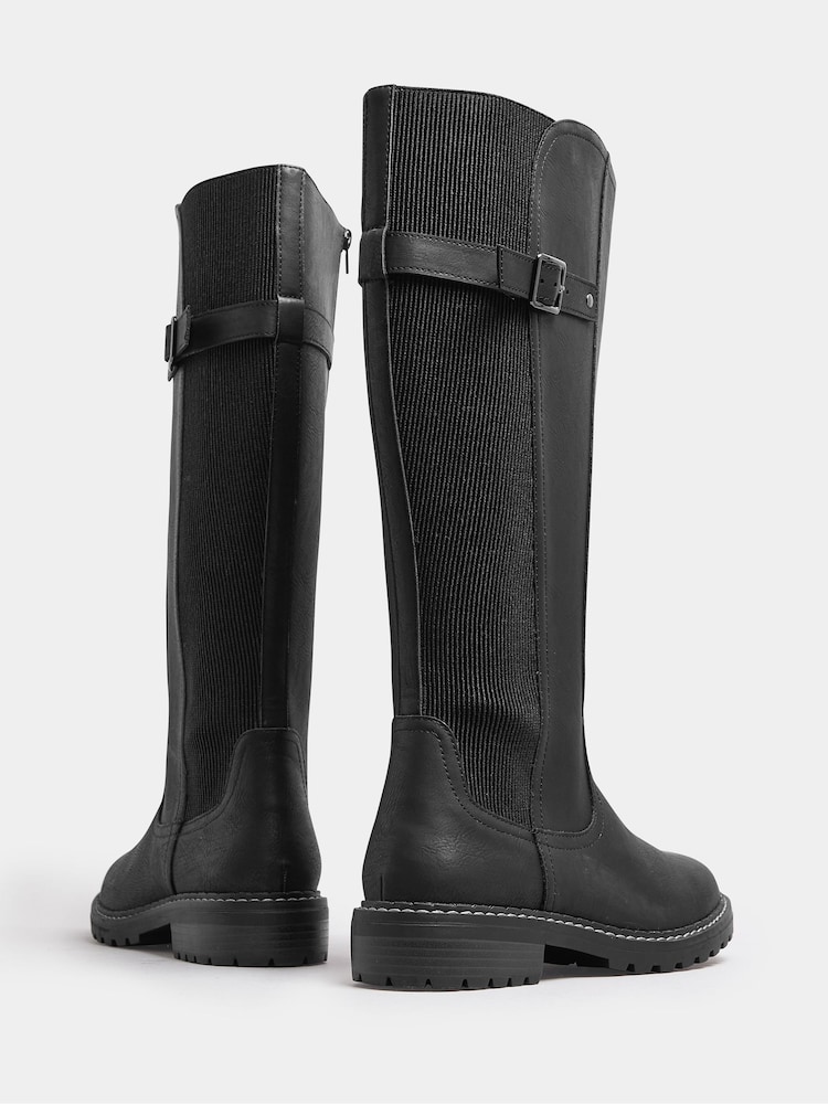 Yours Curve Black Extra-Wide Fit PU Cleated Stretch Knee High Boots - Image 4 of 4
