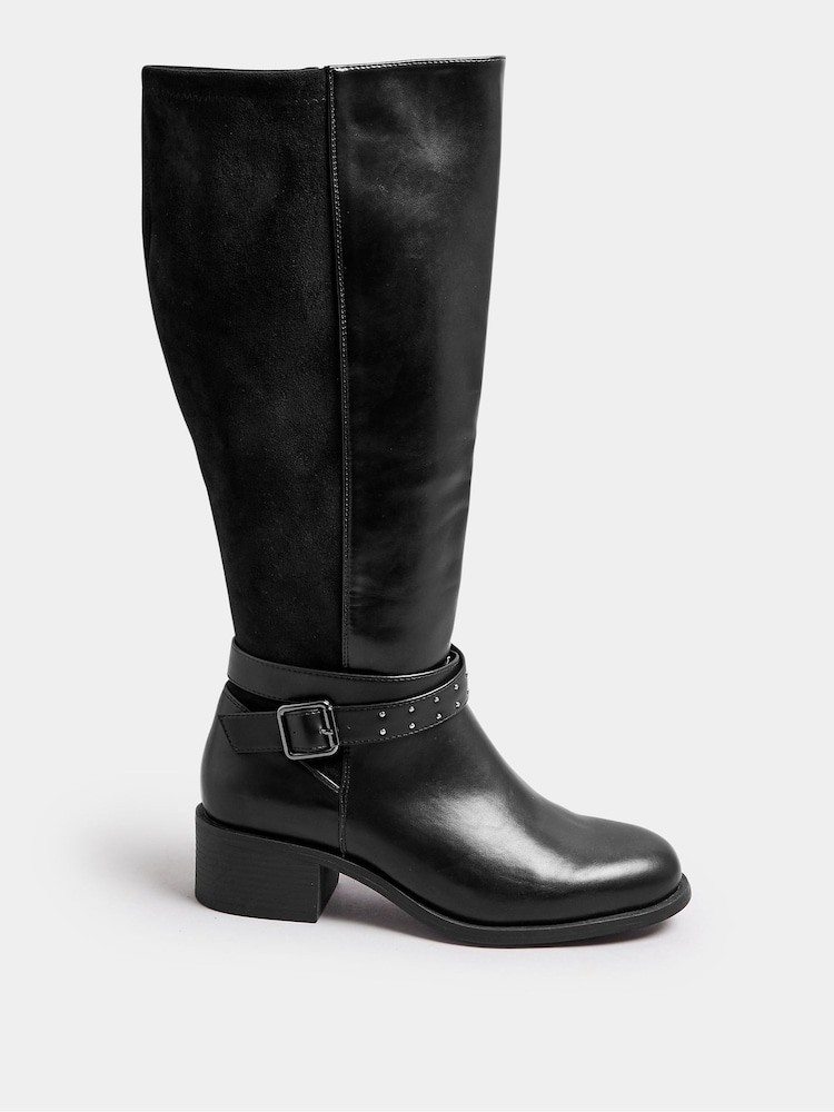 Yours Curve Black Extra Wide Fit Block Heel Metal Strap Boots - Image 1 of 4