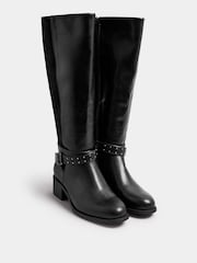 Yours Curve Black Extra Wide Fit Block Heel Metal Strap Boots - Image 2 of 4