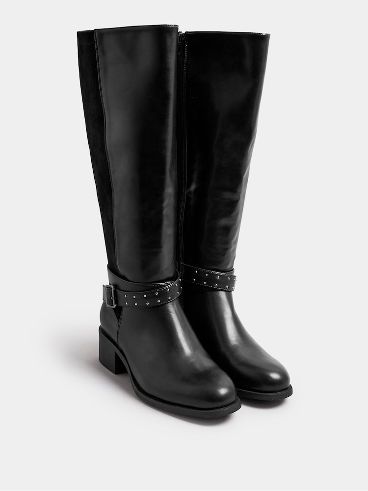 Yours Curve Black Extra Wide Fit Block Heel Metal Strap Boots - Image 2 of 4