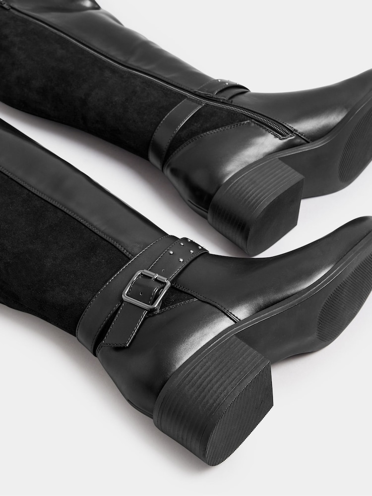 Yours Curve Black Extra Wide Fit Block Heel Metal Strap Boots - Image 4 of 4