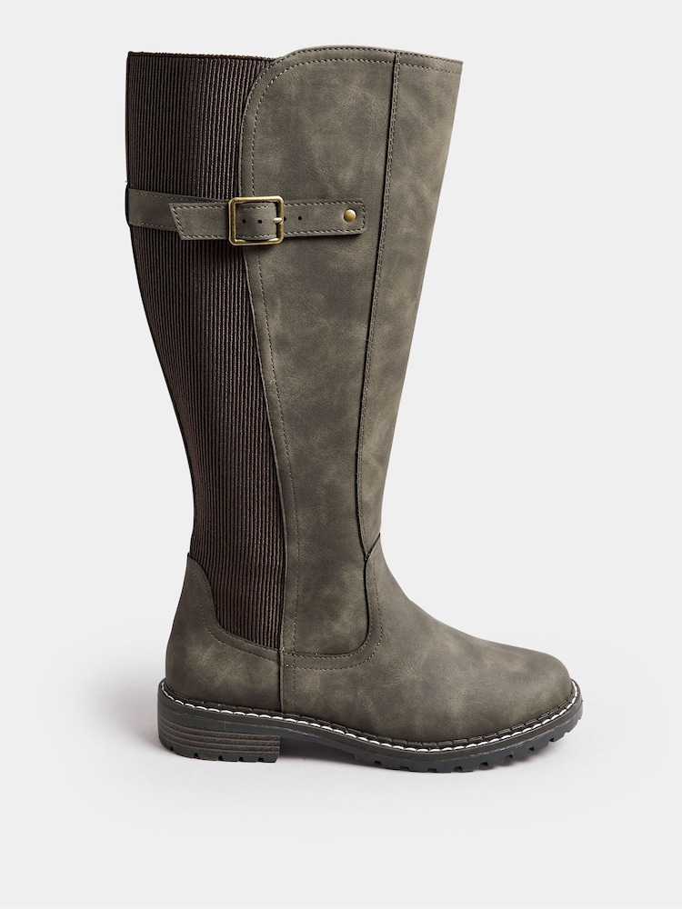 Yours Curve Brown Extra-Wide Fit PU Cleated Stretch Knee High Boots - Image 2 of 4