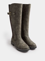 Yours Curve Brown Extra-Wide Fit PU Cleated Stretch Knee High Boots - Image 3 of 4