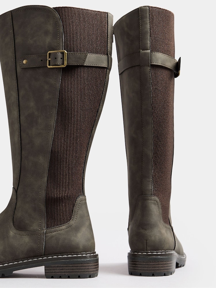 Yours Curve Brown Extra-Wide Fit PU Cleated Stretch Knee High Boots - Image 4 of 4