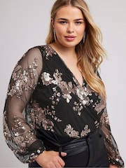 Yours Curve Gold London Sequin Floral Wrap Bodies - Image 2 of 6