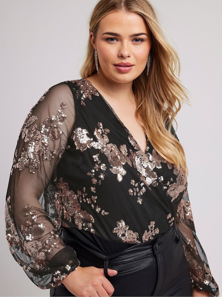 Yours Curve Gold London Sequin Floral Wrap Bodies - Image 2 of 6