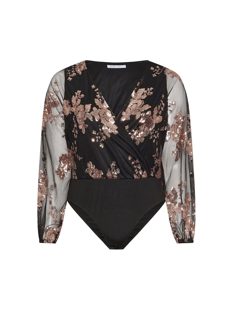Yours Curve Gold London Sequin Floral Wrap Bodies - Image 6 of 6