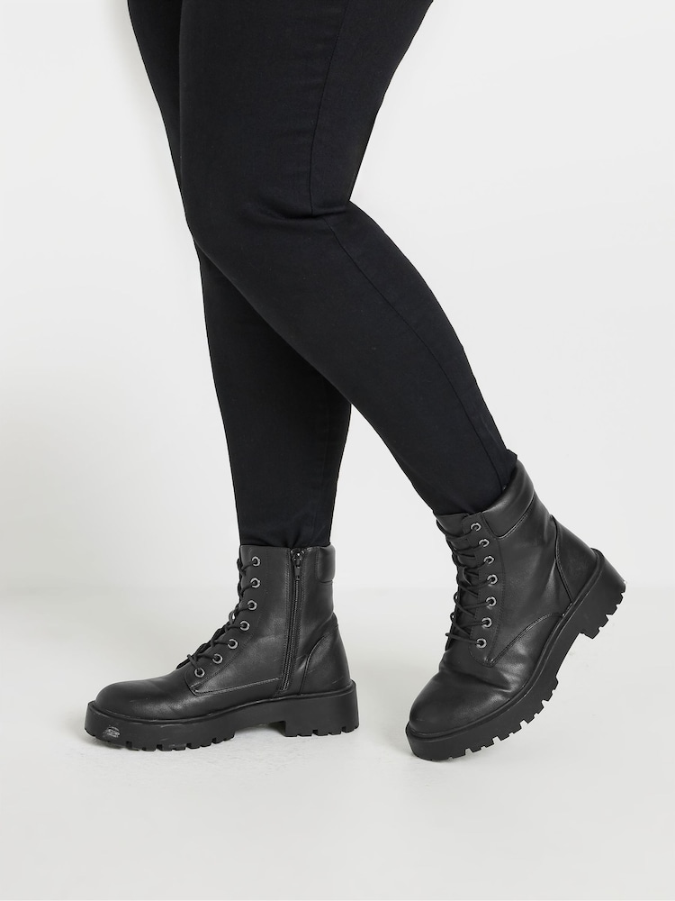 Yours Curve Black Extra Wide Fit Extra Wide Fit Chunky Lace Up Boots - Image 1 of 5